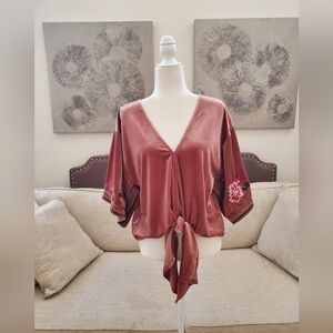 lovestitch Dusty Rose Velvet Tie-Front Crop Top